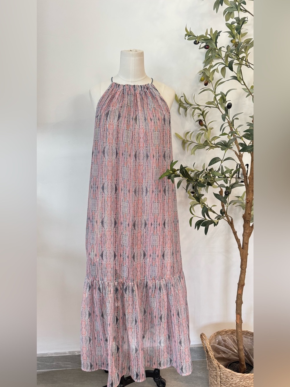 World Market Metallic Stripe Halter Midi Dress S/M Pink Gray Boho - Picture 4 of 7